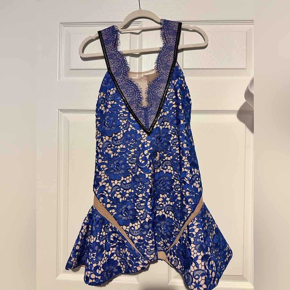 THREE FLOOR cobalt, blue nude dress, Blue and Black Lace Dress XS 4 sheer